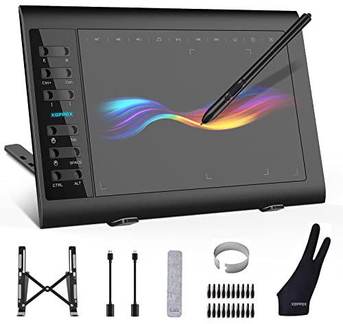 XOPPOX Tablette de dessin graphique 10 x 6 Grande zone active avec 8192 niveaux stylo sans pile et 12 touches de raccourci Compatible avec PCMacAndroid OS pour peinture, design et enseignement en