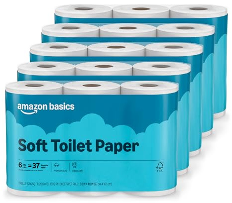 Amazon Basics 2-Ply Soft Toilet Paper, 30 Rolls (5 Packs of 6), 350 Sheets per Roll, Septic Safe, Equivalent to 185 Regular Rolls