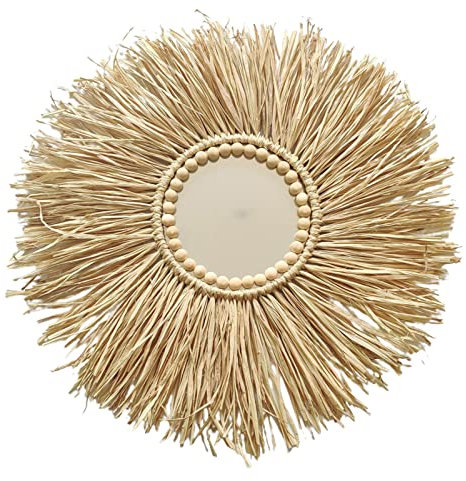 Bodhi2000 Ornamento da parete in paglia a parete fatto a mano a specchio perline di legno ornamento moderno 1