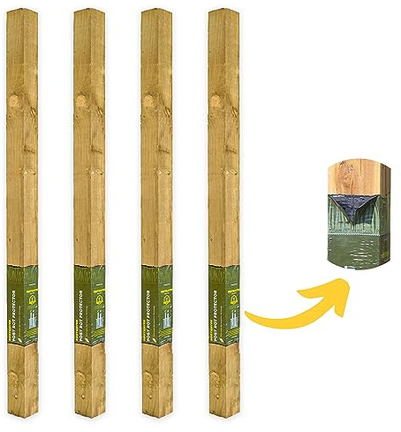 Postsaver Rot Protected Wood Fence Post 4x4 | Pressure-Treated Timber Post for Gardening | Decay-Protected with Postsaver Dual-Layer Rot Protector | 20-Year Guarantee | Pack of 4 | 6 Ft. Long
