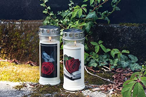 Wochenbrenner - Motiv Grabkerze mit Deckel - Gedenkkerze - Grablaterne mit Motiv - Motiv Grableuchte - Grablicht mit langer Brenndauer von bis zu 7 Tagen (Motiv: Rose & Buch, 24)
