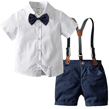 Odizli Baby Anzug Junge Hochzeit Kinder Festlich Kleidung Kurzarm Hemd+Fliege+Hosenträger+Shorts 4tlg Sommer Bekleidungssets Taufkleidung Taufanzug 1 geburtstag Outfit Dunkelblau Kurz 2-3 Jahre