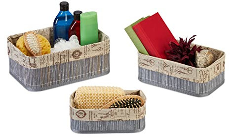 Relaxdays Aufbewahrungskorb 3er Set, Bambus, Stoffbezug im Vintage-Design, 3 Größen, Kosmetik & Handtücher, grau/beige