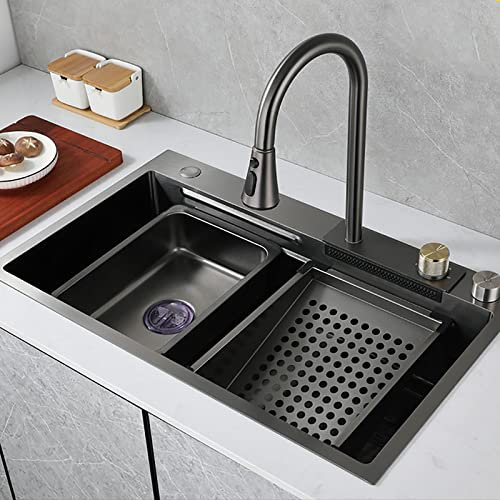 COTCLO Spülbecken Schwarz, 304 Edelstahl Küchenspüle, Einbauspüle mit Ausziehbarem Wasserhahn ＆ Drainage Komponenten, Waschbecken Küche 68 * 46 * 22cm