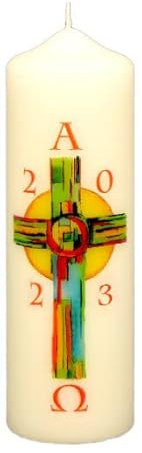 Kopschitz Kerzen Osterkerze Kreuz bunt, A und O, Jahreszahl 170 x Ø 50 mm