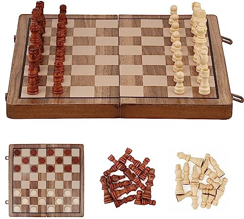 DearCal Chess Sets - Magnetic Travel Folding Wooden Chess Board Set, Portable Game International Chess & Checkers Game Set 2-in-1 for Kids Adult (39 * 39cm) (walnut color)