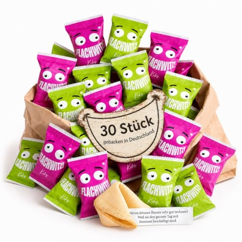 Glückskekse Flachwitze 30er Packung grün und pink | Glückskekse lustige Flachwitze für Kinder und Erwachsene zur Party, Geburtstag, Candybar, Geschenk | Kekse frisch gebacken vegan & made in Germany