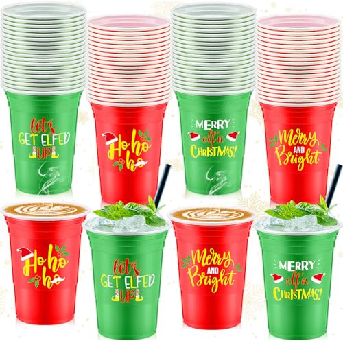 Jinei 100 Pcs Disposable Christmas Cups 16 oz Christmas Plastic Party Cups Coffee Hot Cocoa and Hot Cold Drinks for Party Favors, Red Green