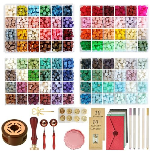 Siegel Siegelwachs Set in 96 Farben,2400 Stück Siegelwachs, All-in-One Wachssiegel Set mit Wachssiegelstempeln, Siegelwachswärmer, Umschlägen, Kerzen, Metallstift zum Versiegeln von Briefeinladungen