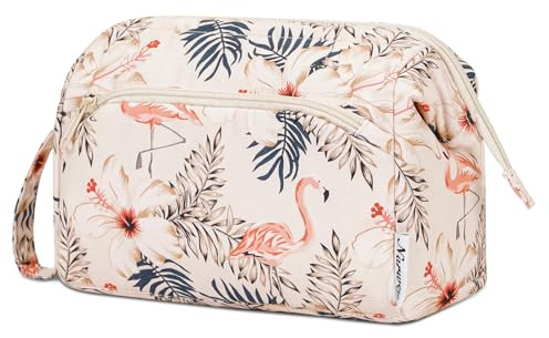 Narwey Klein Kulturtasche Damen Kulturbeutel Kosmetiktasche Schminktasche Reise Make-up-Tasche mit Weit Offener Tasche für Damen Frauen(Beige Flamingo)