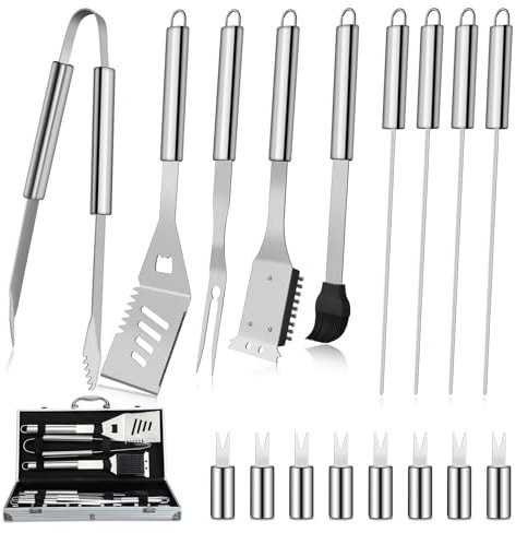DRAGON RIOT Lot de 18 ustensiles de barbecue en acier inoxydable pour homme - Accessoires de barbecue de qualité supérieure avec spatule dans un coffret en aluminium - Couverts de barbecue de qualité