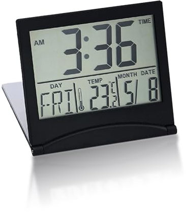 RRICHH Digital LCD Clock Alarm Travel Foldable Desk Clock Bedside with Date, Day, and Temperature Display Father's Day Creative Portable Compact Office Small Gifts, Battery Operated – Black