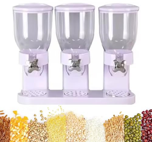 Triple Dry Food & Cereal Dispenser, Triple Food Dispenser with 6L Capacity and Rotary Switch, Storage Dry Food and Get Food On Demand, for Rice Cereal Nuts Legumes Candy and Snack