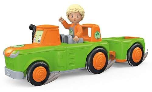 Toddys by siku 0147, Frank Farmy, 2-teiliger Traktor Plus Anhänger, Zusammensteckbar, Inkl. beweglicher Spielfigur, Hochwertiger Schwungradmotor, Grün/Orange, Ab 12 Monaten