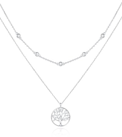FANCIME Layered Kette Damen mit Anhänger, 14K Weißgold Vergoldet Personalisierte Zarte Mehrreihige Halskette, 925 Sterling Silber Halskette Schmuck für Damen Mädchen