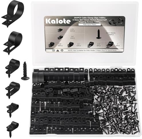 Cable Clamps, 292PCS Cable Clips for Management Cord Organizer, 6 Sizes-3/16'' 1/4'' 3/8'' 1/2'' 3/4'' 1'' Black PA66 Nylon R-Type Plastic Screw Mounting Cord Clamp Assortment Kit with M4 Screws