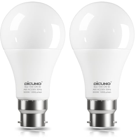 DiCUNO B22 LED Bulbs 100W Equivalent, 15W Daylight White 5000K 1350LM, 2Pcs | B22 Bayonet A60 LED Bulb, Non-dimmable, CRI90, 220°Beam Angle, 25,000 Lifespan bulb for Living Room, Kitchen, Hallway