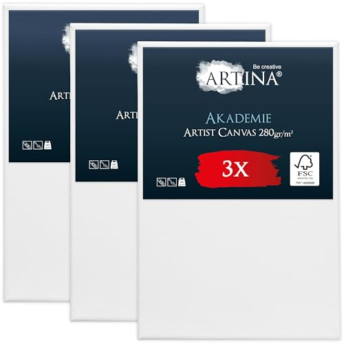 Artina Keilrahmen FSC® Leinwand zum Bemalen 3er Set bespannt | 20x30cm Canvas Leinwände zum malen für Acrylfarben bespannte 100% Baumwolle kleine Malzubehör Akademie