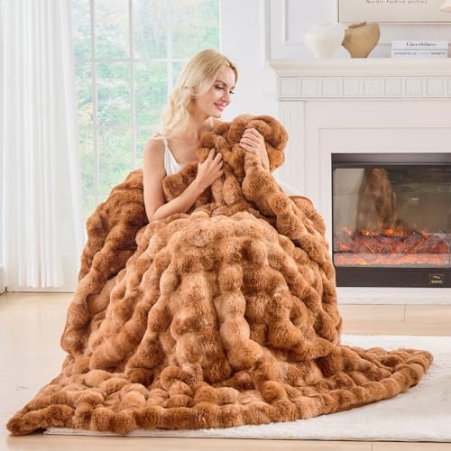 BENVWE Faux Fur Throw Blanket for Couch - Fluffy Soft Thick Bubble Blanket for Living Room Home Decor - Fathers Day Birthday Gifts for Women Men, Tie-dye Caramel, 50 x 60