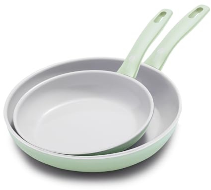 Greenpan Dover Healthy Ceramic Nonstick, 8” and 10” Frying Pan Skillet Set, PFAS-Free, Dishwasher Safe, Comfort Grip Handle, Pastel Green
