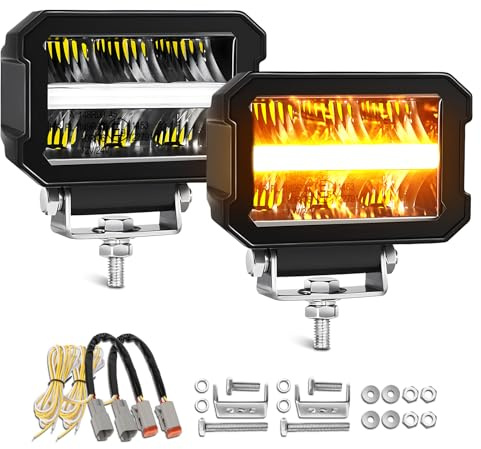 Braveway - Barra LED de 4 x 4 faros de trabajo LED, 12 V, 24 V, 4,6 pulgadas, 75 W, 25000 lúmenes, proyector de largo alcance, aprobación ECE, apta para SUV, motocicletas, camiones y maquinaria