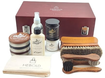 Hebold Schuhmacherei Profi Schuhputzkasten Mahagoni-Silber – 15-teiliges Schuhpflegeset, elegant & klassisch, nachhaltig & praktisch, inklusive Gravur – Made in Germany