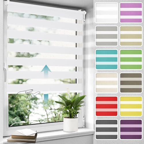 Allesin Doppelrollo schnurlos Klemmfix ohne Bohren Duo Rollos für Fenster, 100x120cm(BxH), Weiß, Drücken Und Ziehen Springrollos Klemmrollo Fensterrollo ohne Schnur lichtdurchlässig & Blickdicht
