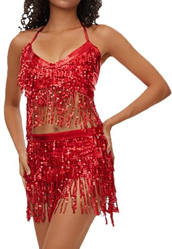 Foweknow Glitzerndes Pailletten Top Mit Quaste Damen Bauchtanz BH Rave Outfits Glitzer Party Tank Top Festival Crop Top Kostüm Für Frauen Sexy Schulterfrei Outfits Party Clubwear