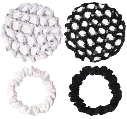 EORPAVU Knotenringe für Haarstyling, 2 Stück Punkt-Diamant-Haarnetz und 2 Stück einfarbiges kleines Gummiband-Haarnetz Haarnetz Kristall-Haarnetz Frisur-Assistent Balletttänzer (weiß, schwarz)