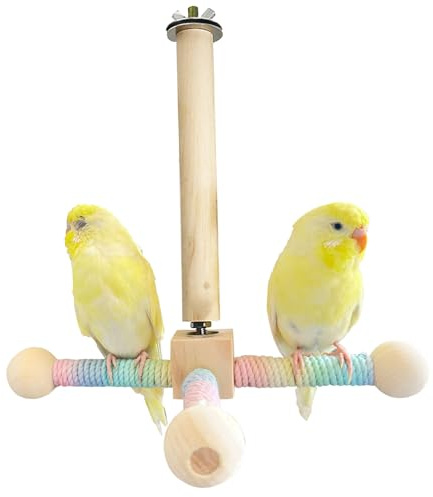 Vögel Spielzeug Holz Karussell Sitzstangen für Wellensittiche Papagei Vogelspielplatz Hängende Spielständer für Vogelkäfige (Holzfarbe, M)