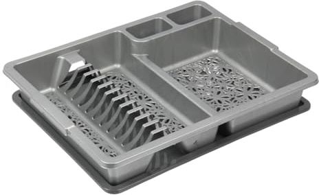 Jolie Max Large Plastic Dish Drainer Rack with Removable Drip Tray – Compact Kitchen Counter Rack with Cutlery Holders, Holds Up to 12 Plates, (46 x 36 x 8.5 cm) (GREY)
