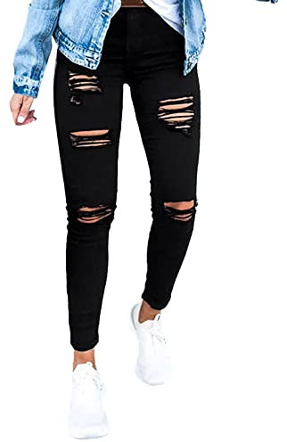 2025 Schwarze, elastische, hoch taillierte, schmal sitzende Jeans-Bleistifthose für Damen Pyjama Hosen Damen Flanell (Black, L)