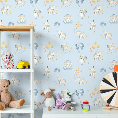 VaryFloral Selbstklebende Tapete Blauer Elefant Möbelfolie Selbstklebend 30.5cmx300cm Fototapete Kindisch Tapete Schlafzimmer Kinder Süß Klebefolie Möbel Wasserdicht Klebefolien für Möbel Küche
