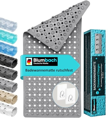Blumbach® Badewannenmatte rutschfest 88x40cm – inkl. 2 Haken zum Trocknen | 100% BPA-frei, Sicher für Kinder & Senioren | Badematte rutschfest 200+ Saugnäpfe | Schimmelresistent, Maschinenwaschbar