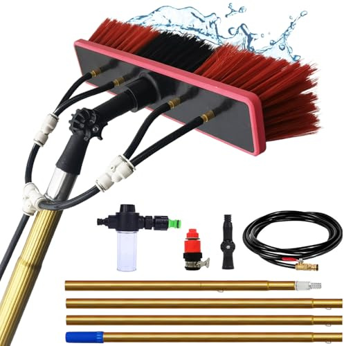 YFSMBD Perche Télescopique Nettoyage Panneaux Solaires, Extensible à 3-15 Mètres, Brosse Telescopique Toiture avec Distributeur de Savon et 20m Tuyau,Balai Telescopique pour Toit (35cm Brosse,5.5m)
