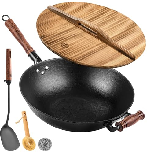 WANGYUANJI Cast Iron Wok Pan with Lid, 14.2 Inch Large Flat Bottom Uncoated Stir Fry Skillet, Heavy Duty Chinese Iron Pot for 4-6 People, Detachable Walnut Handle, Induction & Gas Safe
