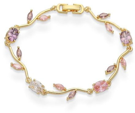 Crystal Flower Leaf Bracelet for Women Gold-Tone/Silver Plated Dainty Colorful Oval Cz Cubic Zirconia Floral Tennis Bracelets Sweet Fine Bridal Wedding Prom Jewelry for Her 7.48inch (Gold-Tone)