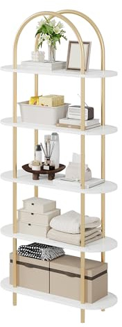 Aptliton 5 Tier Arched Bookcase, 71 Tall Industrial Open Book Shelf, Modern Freestanding Shelving Unit Storage Organiser with Metal Frame, for Living Room, Bedroom, Home Office, Gold & Marble White