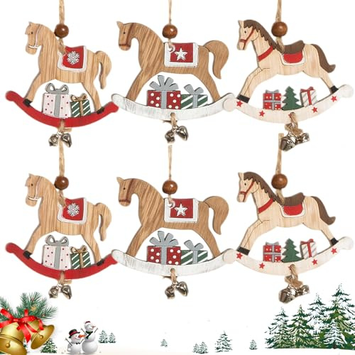 Adorno de Caballo balancín para árbol de Navidad, 6 Piezas Caballito balancín Colgantes navideños, Colgantes De Madera Forma De Caballito Balancín, Christmas Horse Wooden Pendants, para Coronas