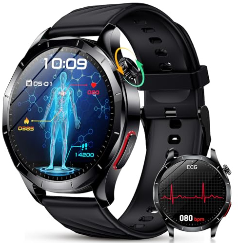 YUPENG Montre Connectée Homme avec ECG/HRV/𝐆𝐥𝐲𝐜é𝐦𝐢𝐞/IMC/Acide Urique, 1.43 AMOLED Smartwatch avec Appels Bluetooth, 24H Sommeil, Cardiofrequenceme, Appel d'urgence SOS, pour Android iOS