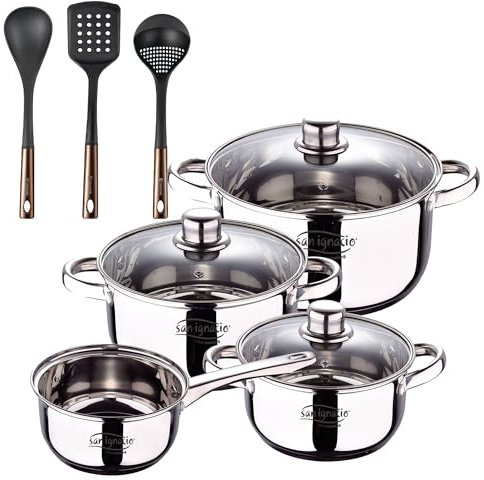 Batterie 7 pièces en acier inoxydable Ind Cassel + Bergner Copper Set de 3 ustensiles de cuisine : spatule fente, cuillère et cuhcaron en PBT noir et cuivre