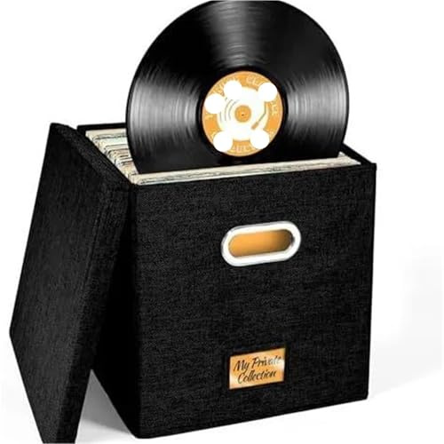 WAJJWI Cotton Linen Fabric Storage Box Foldable with Lid Home Vinyl Record Organizing para Discos(Black)