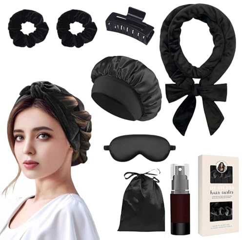 8 PCS Rizador Sin Calor para Cabello, Rulos de Terciopelo,Banda Rizadora sin Calor Con Clip de Pelo Cinta, para Cabello Largo y Mediano - Negro