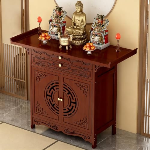 Altar Cabinet, Heavy Duty Steel Frame Chinese Style Carved Wooden Shrine with Storage, Meditation Puja Stand for Buddha & God of Wealth Statues(A,100x40x100cm)