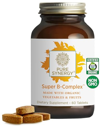 PURE SYNERGY Super B-Complex | Vitamin B Complex Made with Organic Whole Foods | Vegan Supplement with Natural Vitamin B12, Niacin, and Folate | for Energy, Focus and Mood Support (60 Tablets)