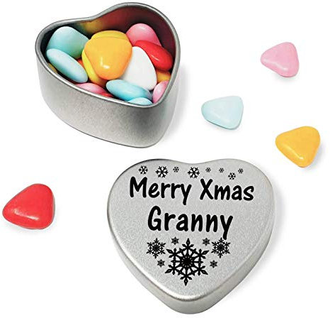 Merry Christmas Granny Mini Heart Gift Tin with Chocolates Fits Beautifully in the palm of your hand. Great for Boyfriend Makes the perfect Christmas Stocking Filler or Card