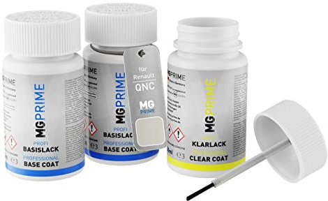 MG PRIME Autolack Lackstifte für Renault QNC Blanc Nacre + Klarlack | Perlmutt-Weiss Perleffekt, Set aus Grundlack + Basislack + Klarlack, Lackfläschchen mit Pinsel, je 50ml