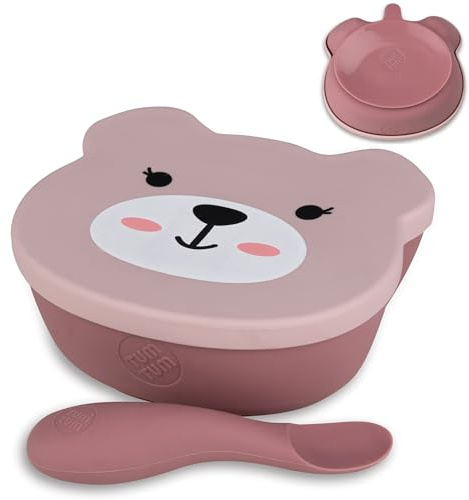 TUM TUM Babyteller mit Saugnapf mit Deckel & Löffel, Babygeschirrset 6 Monate +, Betsy Bär, Rosa
