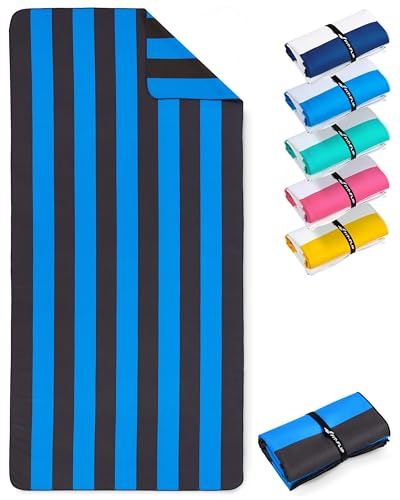 Fit-Flip Strandtuch XXL Mikrofaser leicht und schnelltrocknend | Blau-Dunkelgrau gestreift 160x90cm, Strandhandtuch, 100% recycelt, Badetuch groß, Reisehandtuch