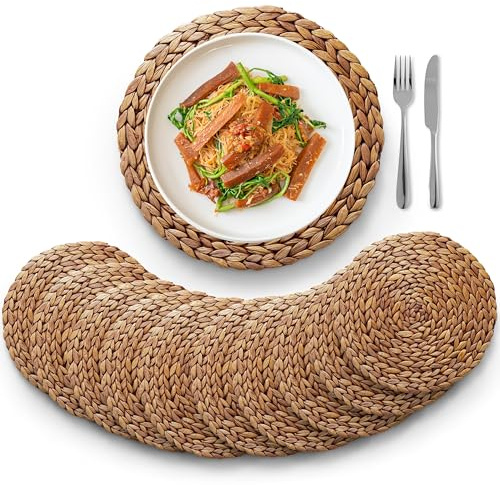 (Sizes: 12-13-14) BLUEWEST Woven Placemats Set of 10, Brown Round Rattan Placemats, Wicker Water Hyacinth Placemats, Braided Placemats, Heat Resistant/Anti-Slip for Dining Table (13 - Set of 10)